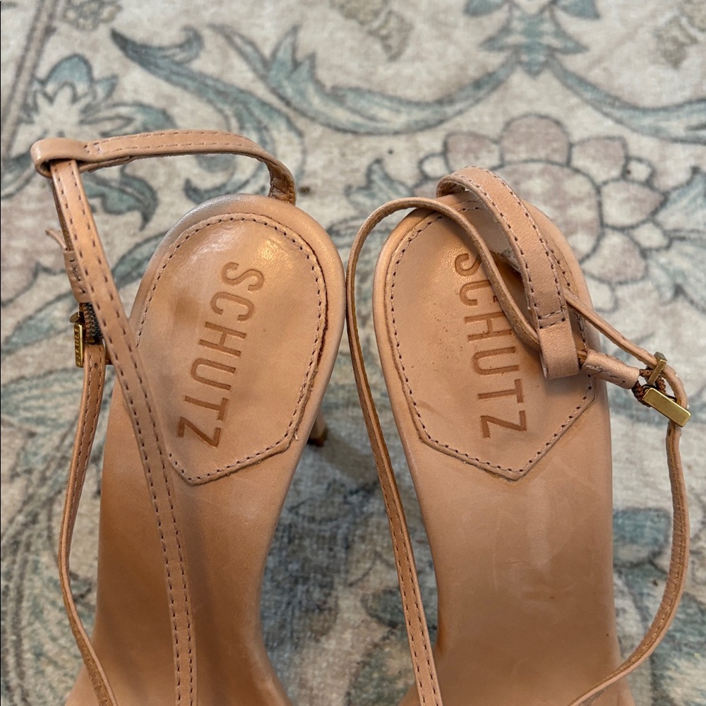 SCHUTZ Nude Tan Leather T-Strap Sandals with Gold Accent - Picture 3 of 6